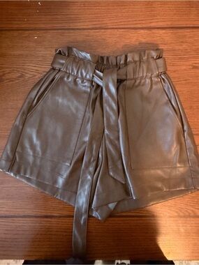 High-Waist Faux Leather Paperbag Shorts with Tie Belt in Brown